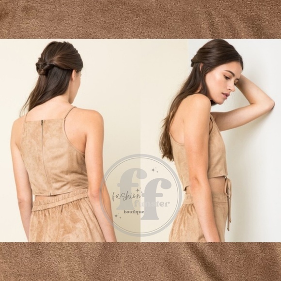 Boho 1960s 1970s Style Faux Tan Brown Suede Leather Festival Halter Tie Crop Top - Picture 7 of 9